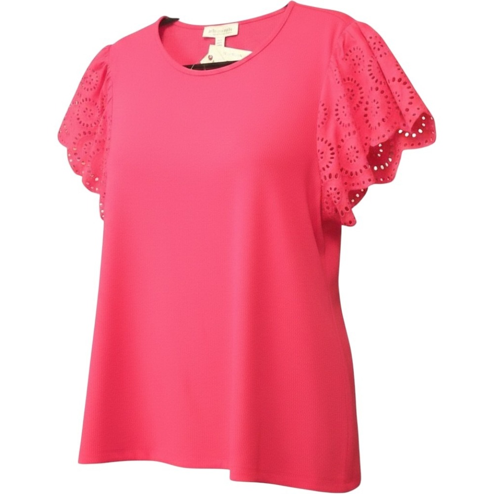 2X PLUS pH Philosophy Woman Pink Ribbed Knit Top‎ with Eyelet Flutter Sleeves